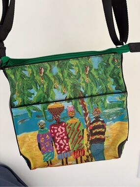 Artisan Green Leather Crossbody Bag with Painted Village Scene